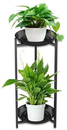 Plant Stand, 2 Tiered Metal Plant Stand Indoor, Black Corner Plant Shelf for Outdoor Multiple Plants, Flower Pot Holder Display Stand for Balcony Living Room Garden Patio