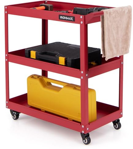 FANTASK Werkstatt-Rollwagen 3 Etagen, Werkstattwagen mit 4 Universalrädern & Griff, Werkzeugwagen aus Metall, Montagewagen Rollwagen 120kg Belastbar für Garage Zuhause Lager, 73 x 36 x 75cm,Rot