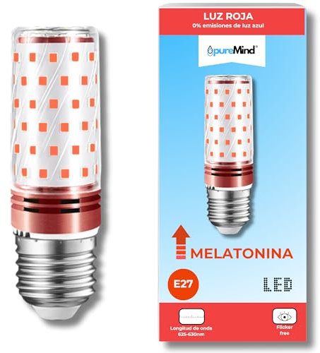 Puremind Luz Roja Nocturna Melatonina E27 - Bombilla Roja Terapia para Dormir - Tecnología Flicker Free + 0% Luz Azul + Rosca Estándar + Mejora del Ritmo de Descanso