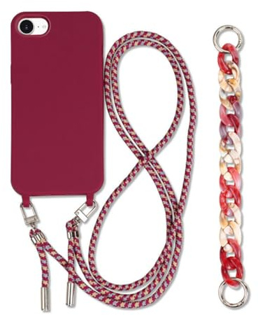 Galful Handykette Handyhülle für iPhone 16e Hülle mit Armband,Necklace Schutzhülle iPhone SE 4 Case mit Band Kordel zum Umhängen Verstellbarer Nylon Lanyard Halskette Silikon Case Cover-Rot