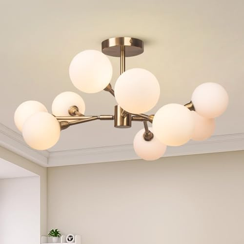HonoDing 9-flammige Kronleuchter mit Glaskugeln, Moderne Deckenleuchte, Industrielle Pendelleuchte im Landhausstil, Hängeleuchte aus Rauchweißem Glas für Wohnzimmer (Weiß)