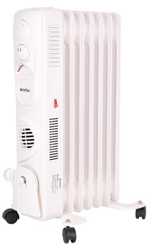 Cofan Radiador de aceite de 1500 W | 7 elementos | 3 niveles de potencia | Con termostato y ventilador | Protección antivuelco