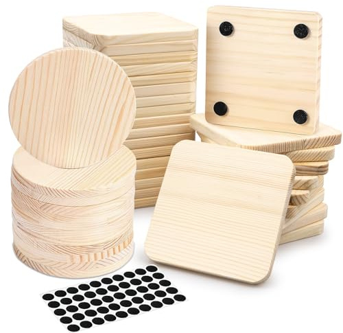 36er Set Holzuntersetzer 10 cm rund und eckig mit Pads