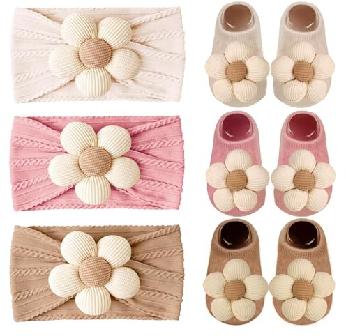 Baby Girl Headband and Socks, Non-Slip Floral Socks and Soft Floral Nylon Hairbands for Babies Infants and Toddlers