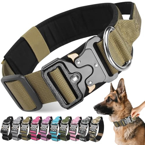 Viugex Collier de Chien Tactique, Militaire Collier Réglable Chien Rembourré, Collier pour Chien Durable avec Boucle en Métal, Idéal pour Petits, Moyens et Grands Chiens (Kaki, L)