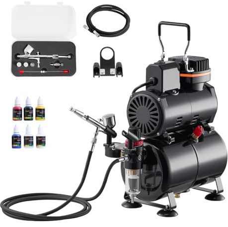 VEVOR Set Aerografo 1/6 HP Compressore d'Aria e Serbatoio, 1 Spruzzatore Aerografo Doppia Azione con 3 Ugelli (0,2/0,3/0,5 mm) Flusso d'Aria 23-25 L/min, Decorazione di Torte, Pittura di Modelli