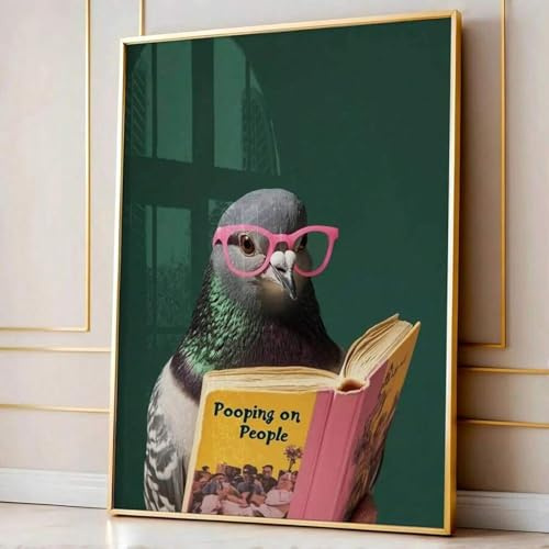 XBTYKPB Taube liest „Pooping On People“, lustiges Wandkunst-Poster mit Tieren, Leinwanddruck, Badezimmer, Toilette, Humor, Dekoration, Gemälde für Wohnheim, 50 x 70 cm, rahmenlos
