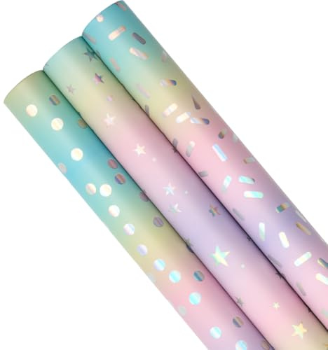 3 Rollen Geschenkpapier zum Geburtstag, 43 cm x 3 m, mehrfarbig, recycelbar, mit Punkt- und Sternenmuster, ideal für Geburtstage, Weihnachten, Hochzeiten und Partys