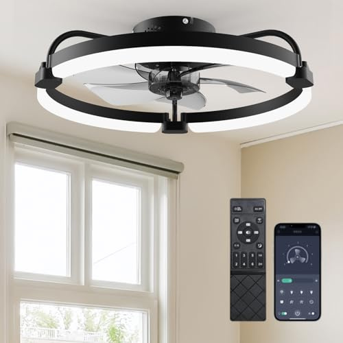 Ensenior Ceiling Fans with Lights and Remote, 50cm Flush Mount, 6 Speed & 3000K-6500K Stepless Dimmable Quiet Modern LED Fan Lights Ceiling for Bedroom Living Room Dining Room - Black