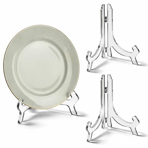 Larrel 2PCS 6.4 Inch Acrylic Easel Stand, Clear Plate Stands, Folding Display Plate Holder, Clear Display Holders for Decorative Picture Frame, Photo, Book, Plates, Table Numbers and Tablet PC