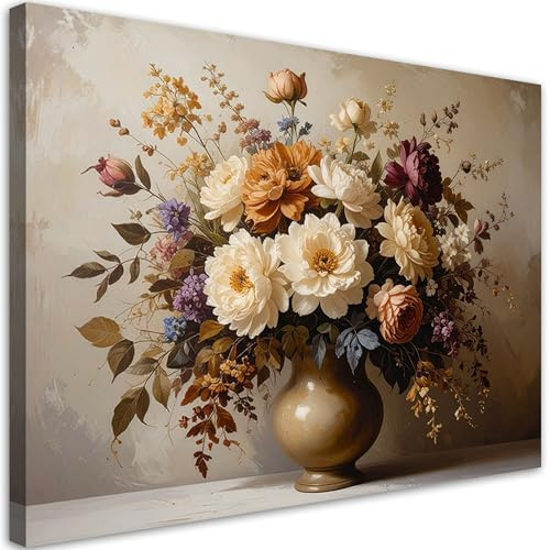 Feeby Leinwandbild - Bilder Wohnzimmer - Blumenstrauß im Retro-Stil - 60x40 1tlg - Deko Schlafzimmer - Wanddekoration - Aesthetic - Groß Moderne Bild - Foto auf Leinwand
