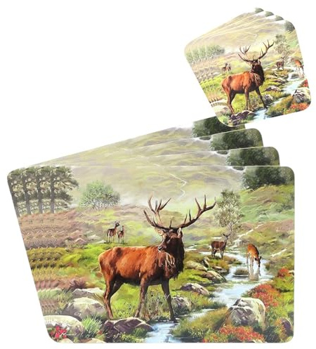Tischsets und Untersetzer, je 4 Stück, mit abwischbarer Oberfläche und korkierter Rückseite, für Ess- und Esszimmertisch (Hochland-Hirsch)