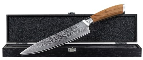 Chef Cuisine International Damast Chefmesser mit Olivenholz Griff, 67-lagiger Klingenstahl, 20,5 cm Klinge, Eisgehärtet, Rostfrei, Ergonomisch, Handgeschliffen, mit Holzschatulle