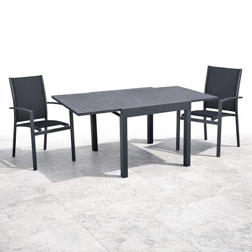 Schauer Tischgruppe Elena 3-TLG. grau | Gartenmöbel Set Aluminium & Textil | Ausziehtisch 90-180cm + 2 Stapelstühle | Gartenstühle mit Armlehnen | Terrasse & Balkonmöbel