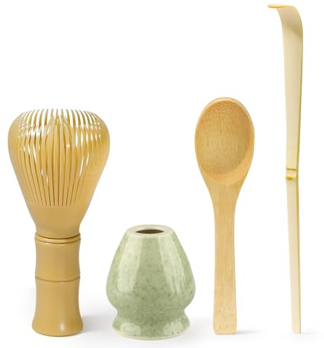 4pcs Matcha Set, Matcha Whisk Set - Yellow Resin Matcha Whisk, Matcha Green Whisk Stand, Long & Round Bamboo Scoop - Traditional Japanese Tea Ceremony Set, Perfect for Home Use or as a Gift