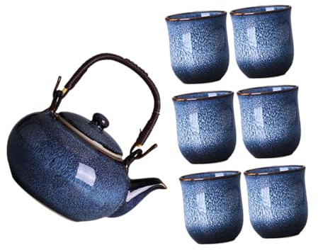 Abaodam Service à Thé Chinois Traditionnel en Céramique Bleue avec Théière 800ml Résistante aux Chocs et 6 Tasses 130ml, pour Cérémonie de Thé en Famille