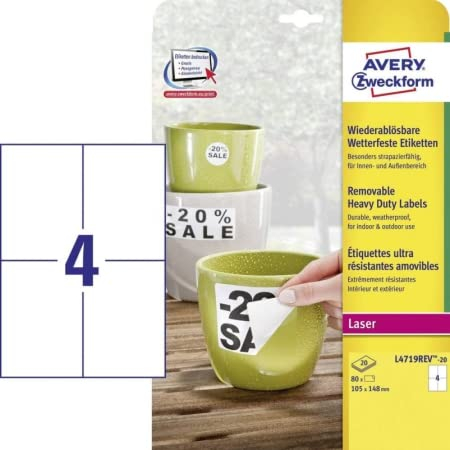 AVERY Zweckform L4719REV-20 Wetterfeste Folienetiketten (80 Aufkleber, 105x148mm auf A4, selbstklebend, wasserfest, wiederablösbar, strapazierfähig, bedruckbare Outdoor Klebefolie) 20 Blatt, weiß