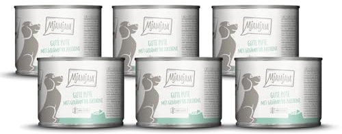 MjAMjAM - Premium Nassfutter für Hunde - gute Pute an gekochtem Reis mit gedämpfter Zucchini, 6er Pack (6 x 200 g), naturbelassen mit extra viel Fleisch