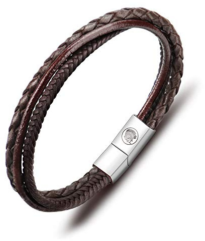 Casisto.J Mens Leather Bracelet – Classic Handmade Braided Black & Brown Cuff Bracelet with Engraved Magnetic Clasp Free Jewelry Gift Boxed