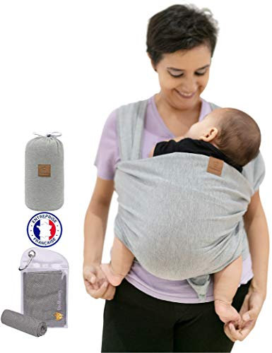 Tragetuch Baby Dolbomy – Babytrage Grau – Baumwolle Elastisch bis 15 kg für Damen und Männer – Geschenk zur Geburt für Neugeborene – Anleitung Deutsch und Reise Tasche - Baby Wrap Sling
