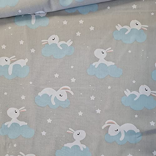 Pingianer 11,99€/m 100x160cm Hase 100% Baumwolle Baumwollstoff Kinder Meterware Handwerken Nähen Stoff (Hase Wolke Grau)