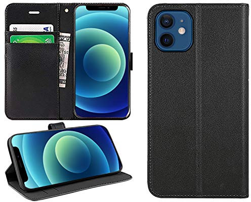 iPhone 12 Mini Flip Folio Case, PU Leather Book Phone Cover, Wallet Stand Feature, Magnetic Closure, ID Card Holder Slot, For Apple iPhone 12 Mini 5.4 (BLACK)