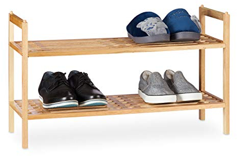 Relaxdays Schuhregal stapelbar, Schuhablage mit 2 Etagen, Walnuss Holz, bis zu 6 Paar Schuhe, HBT 41 x 69 x 27 cm, natur