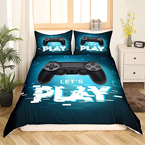 Teens Games Bettwäsche-Set, Gamepad Spieler Gaming Bettbezug 135x200 für Kinder Jungen Mädchen Jugend Schlafzimmer, moderne VR Gamer Tröster Abdeckung Geometrische Dreieck Bettbezug, Blau und Schwarz