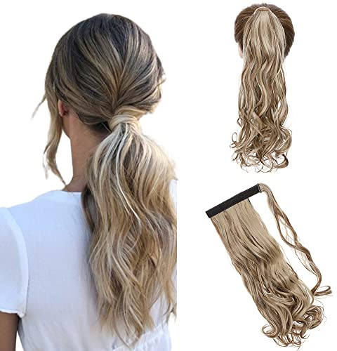 S-noilite Clip in Extensions Haarteil Zopf Pferdeschwanz Gewellt Haarverlängerung Real Natürlich Kunsthaare Wie Echthaar Wrap on Ponytail div. Farben 43cm - Hellbraun & Aschblond