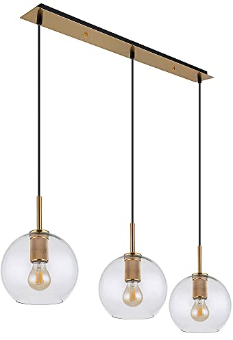etc-shop Hängelampe Pendelleuchte Glas 3 flammig Lampenschirm Hängelampe Glaskugel Esstischlampe, Metall messingfarben, 3x E27 Fassungen, LxBxH 90x20x120 cm