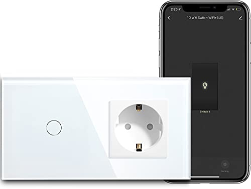 BSEED WLAN Lichtschalter(Neutralleiter Erforderlich), 1 Fach 1 Weg wifi Schalter mit Non-Wifi Steckdose aus Glas, Smart Schalter Kompatibel mit Alexa/Tuya/Google Home/SAMRT LIFE, Weiß