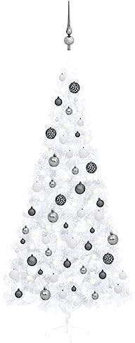 vidaXL Künstlicher Halber Weihnachtsbaum mit LEDs Kugeln Tannenbaum Christbaum Dekobaum Kunstbaum Weihnachten Dekoration Weihnachtsdeko Weiß 240cm