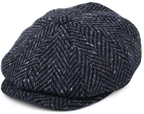 Jaxon & James Pettigo Donegal Tweed Ballonmütze mit Fischgrätmuster - Marineblau-Schwarz - L