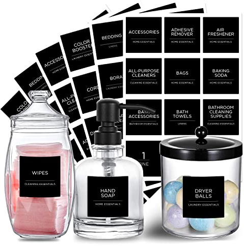 144 vorgedruckte Waschküchen-Etiketten, Prefdo schwarz, minimalistisch, wasser-/ölbeständig, selbstklebend, für Zuhause, Organisationsaufkleber für Waschküche, Leinenschrank, Badezimmer