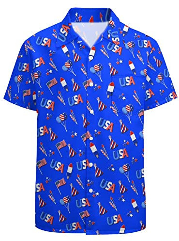 GADZILLE American Flag Button Up Shirt for Men USA Patriotic Hawaiian Shirt Striped Aloha Shirt Blue XXXL, American Flag Light Blue, 3XL