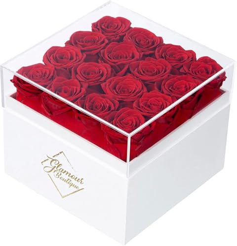 GLAMOUR BOUTIQUE Lot de 16 roses préservées dans une boîte – Cadeaux pour elle, épouse et maman, décoration éternelle pour cadeau d'anniversaire, bouquet de fleurs « Get Well » dans une boîte blanche