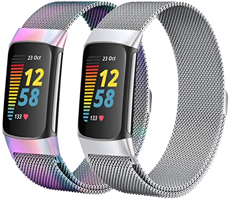 omee 2 Stück Metall Armband Kompatibel mit Fitbit Charge 5 Armband, Metall Ersatzarmband Maschen Schleife mit Magnetschloss, für Fitbit Charge 5 Armbänder Damen Herren