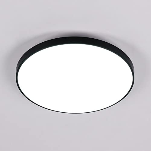 LED Round Bathroom Ceiling Light, 24W Bright Flush Mount Fixture, 6500K Cool White, Waterproof IP54, for Bedroom, Living Room, Kitchen, Balcony, Corridor (Black)