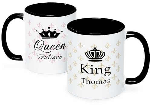 GRAVURZEILE Bedruckte Tassen mit Spruch im Set - King & Queen - Personalisiert mit Namen - Kaffeetasse mit Spruch - Geschenk zum Valentinstag - Geschenke für Sie & Ihn - Farbe: Schwarz & Weiß