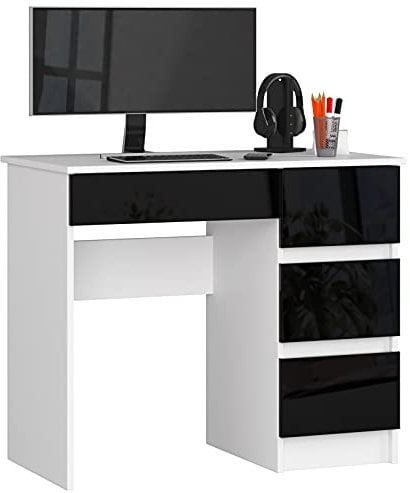 AKORD | Computertisch | Schreibtisch 4 Schubladen | Komfort | Hohe Qualität | Solide | Für Zuhause | Für das Büro | Ergonomie | Für die Arbeit | B90 x H77 x T50 cm | Weiß & Schwarzer Glanz Front