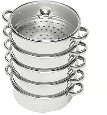 Dampfgarer Dampf Kochtopf 5 Lagiger Dampfkocher Dampfkochtopf mit Glasdecke Gemüse-/ Kartoffeldämpfer Edelstahl mit Glasdeckel Induktion geeignet (26cm)