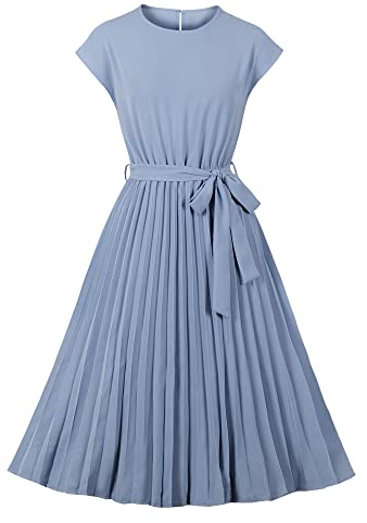 Wellwits Women's Solid Plain Pleated Tea Party Formal Vintage Dress Light Blue 2XL