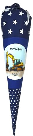 Schultüte aus Stoff blau mit Name Bagger Zuckertüte 70cm oder 85cm marineblau