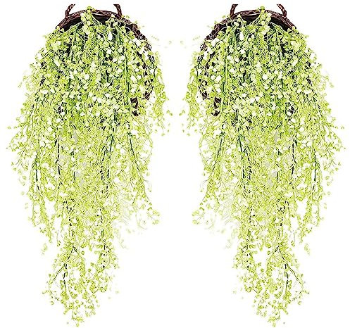 2 Piezas Cesta Colgante Flor Artificial, Flores Colgantes, Cesta Colgante Flores de Simulación, Plantas Colgantes Artificiales, para Decorar Bodas, Jardines, Paredes, Balcones y Salones (Verde)