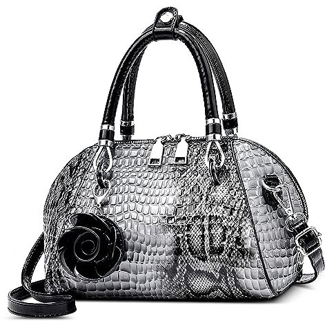FORRICA Handtasche Damen Krokodilmuster Umhängetasche PU Leder Frauen Schultertaschen mit Blume Anhänger Elegant Henkeltaschen für Verabredungen Bankett Shopper Grau