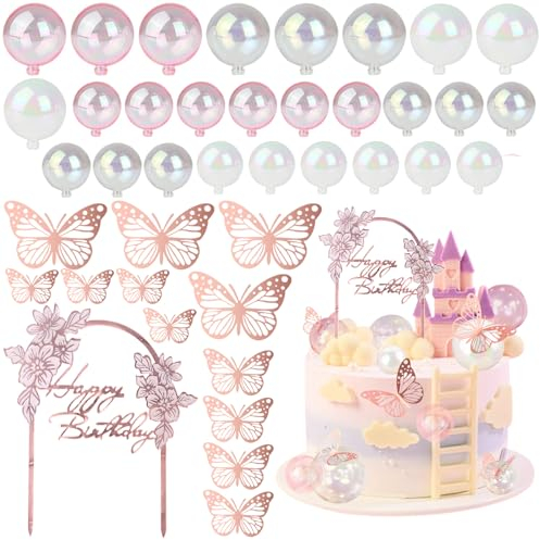FANNAS 40 Pezzi Cake Topper Rosa di Buon Compleanno,Ragazza Farfalla oro Rosa Happy Birthday Decorazioni Torta Topper Palla Rosa Trasparente,Adatto per Decorare Torte o Lavori Fai Da Te