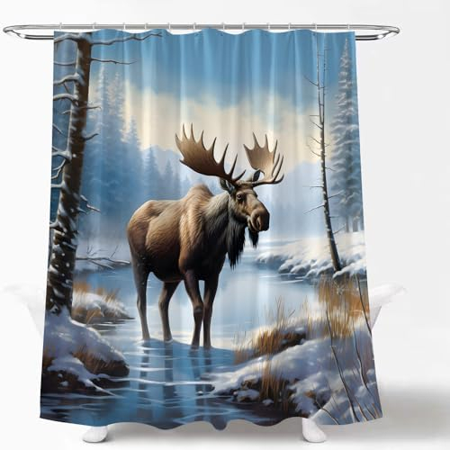 LAEDCIITI Winter Wald Elch Duschvorhang Schnee Landschaft Wild Tier Elch Rustikal Bauernhaus Xmas Weihnachten Urlaub Natur Hütte Country Lodge Stoff Badezimmer Vorhang Set mit Haken