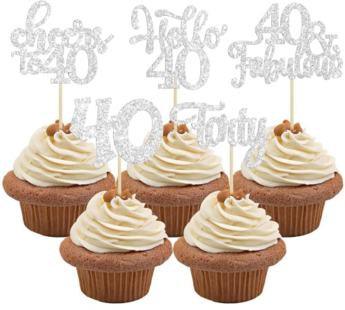 30Pcs Happy 40th Birthday Cupcake Toppers Silver Glitter Forty Cheers to 40 Years Old Birthday Cupcake Picks for Happy 40th Birthday Anniversary Party Cake Decorations