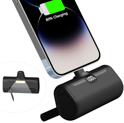 LUCKYDUO Mini Powerbank für iPhone 5000mAh,Petit Externer Akku mit Ständer & LED-Licht,Kompakte Tragbares Ladegerät Kompatible mit iPhone 14/13/12/11 Pro/11/XS/XR/8/7