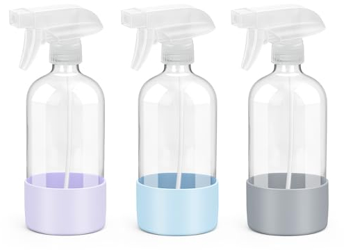 Rionisor Glass Spray Bottles with Silicone Sleeve Protection, Empty 16 oz Refiilable Containers, Reusable Spray Bottles with Adjustable Nozzle for Hair, Cleaning Solutions, 3 Pack Grey&Blue&Purple
